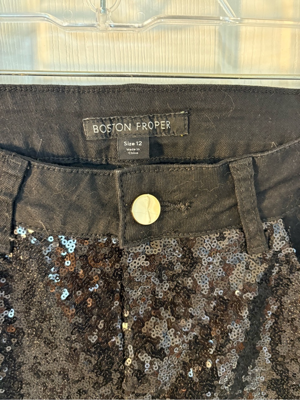 Boston Proper Black Sequin Pants with Metallic Button - Picture 3 of 6